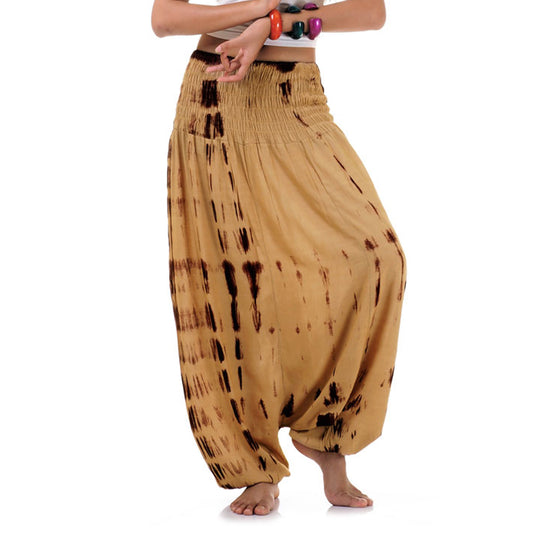 Close-up beige tie dye 2-in-1 harem pants, natural handmade texture.