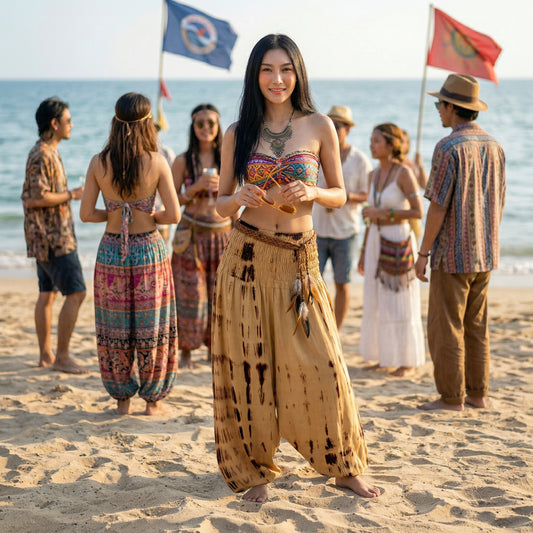 Model in beige boho festival harem pants dancing at a sunny hippie festival.