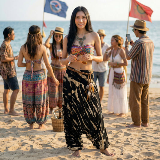 Woman dancing at a hippie festival in black 2-in-1 jumpsuit harem pants.