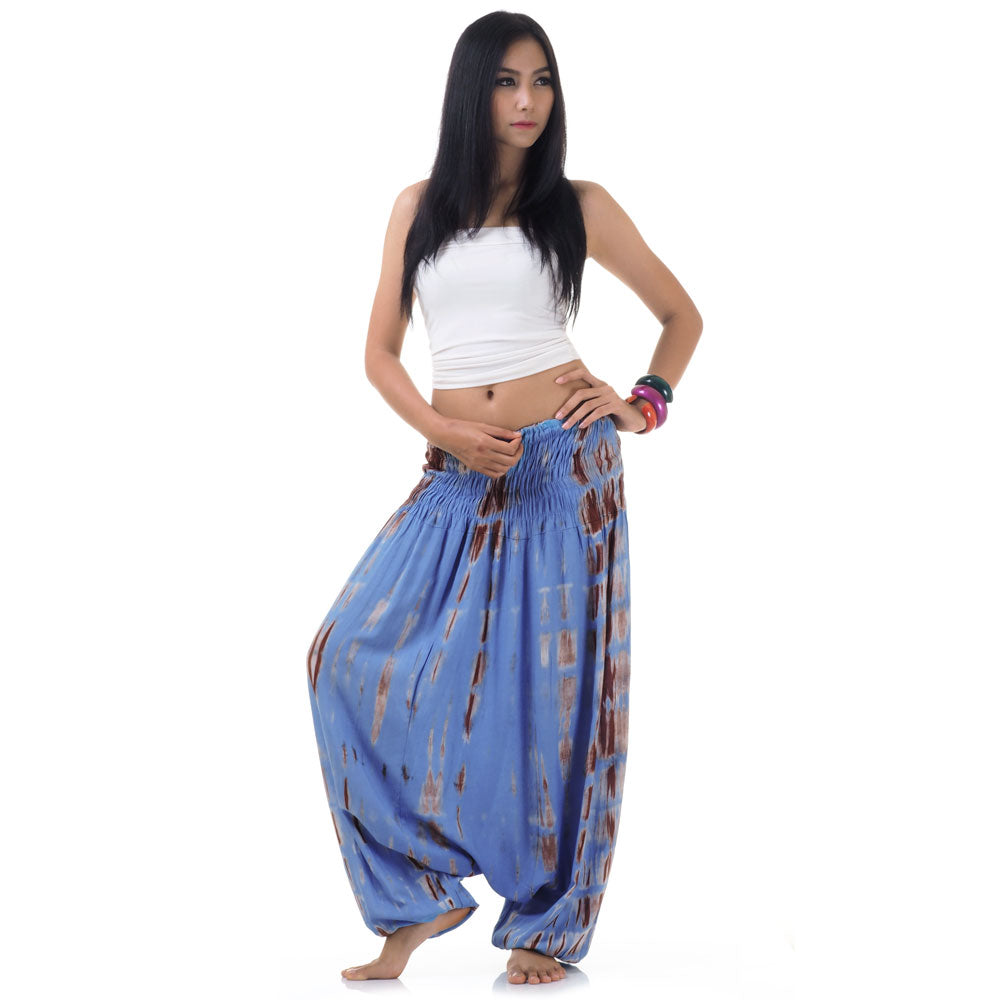Front view of blue handmade tie dye jumpsuit pants, fits Small to Large.