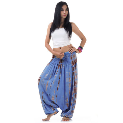 Front view of blue handmade tie dye jumpsuit pants, fits Small to Large.