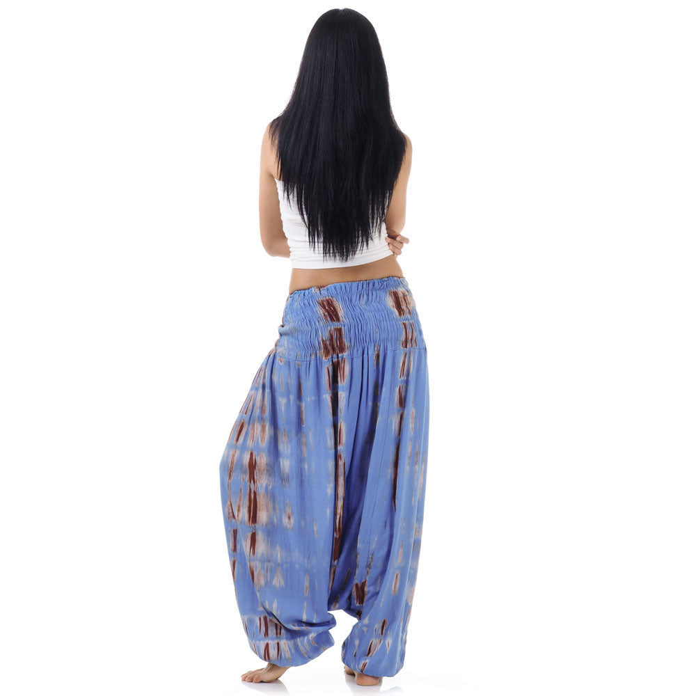 Back view of blue tie dye harem pants, unique piece from Thailand.