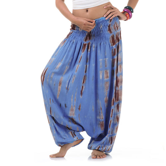 Close-up blue tie dye 2-in-1 harem pants with ocean breeze design.