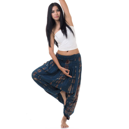 Side view of green 2-in-1 harem pants showing the elastic ankle cuffs.
