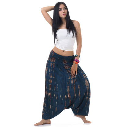 Front view green boho festival pants, fits S, M, and L, unique tie dye.
