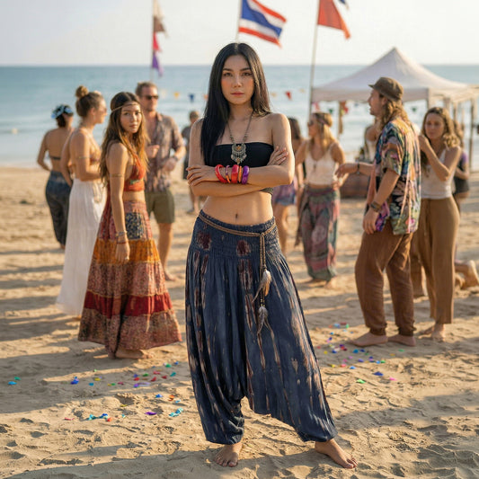 Female model in gray boho festival harem pants at a hippie festival.