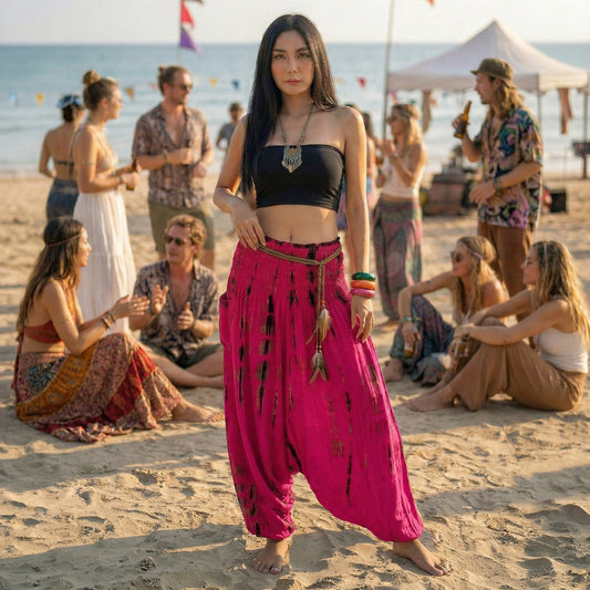 Woman dancing in pink boho festival harem pants at a hippie celebration.