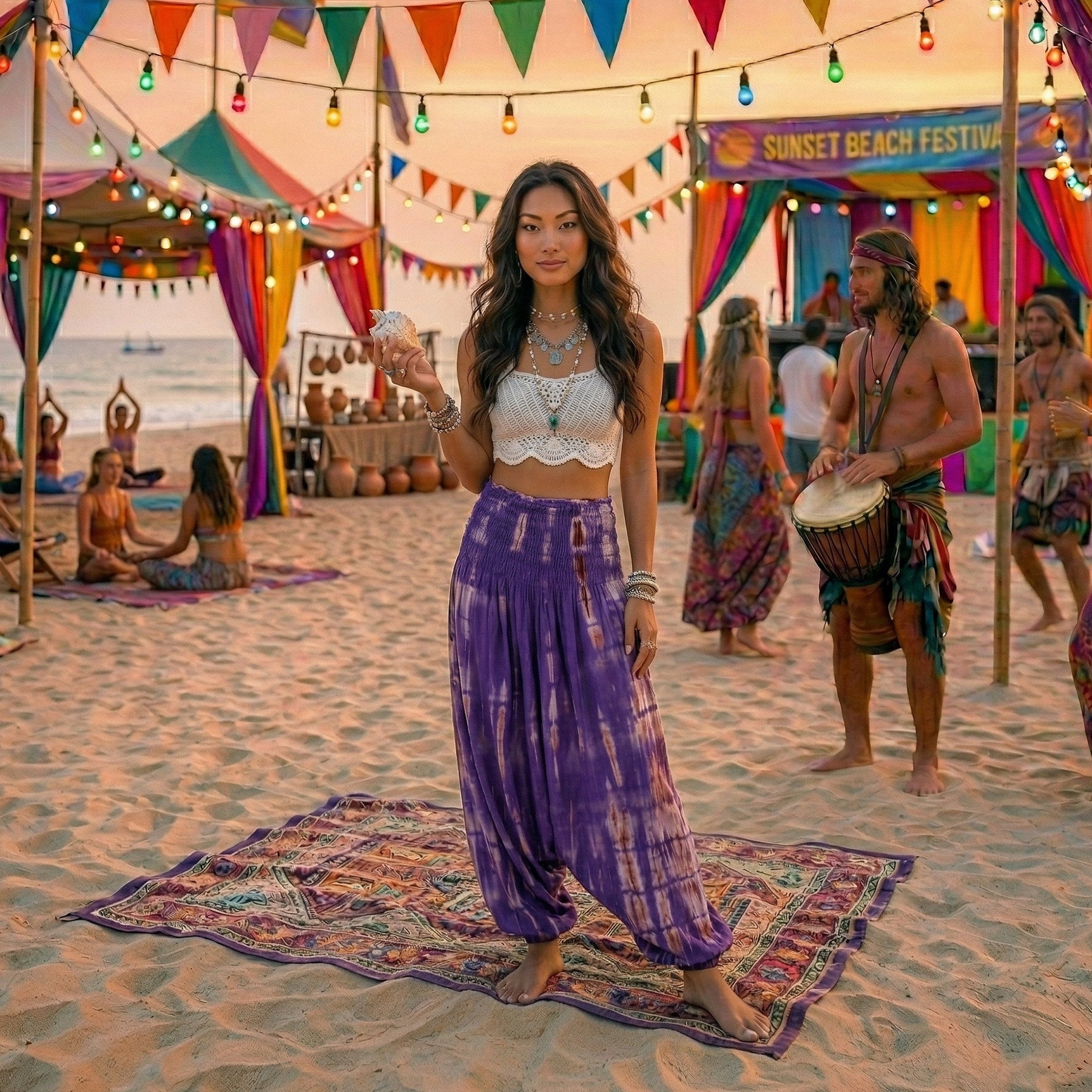 Model wearing purple boho festival harem pants dancing at a hippie festival.
