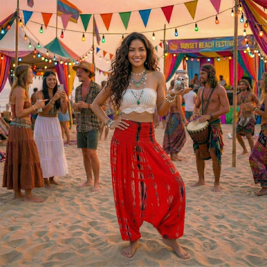 Female model dancing in red boho festival harem pants at a hippie event.