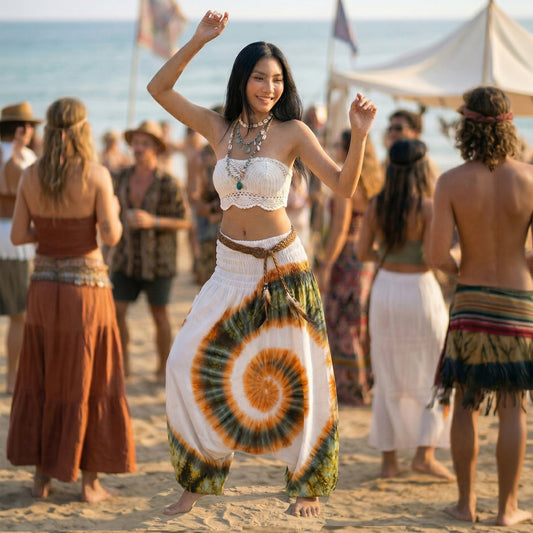 Woman dancing at a hippie festival in white 2-in-1 jumpsuit harem pants.