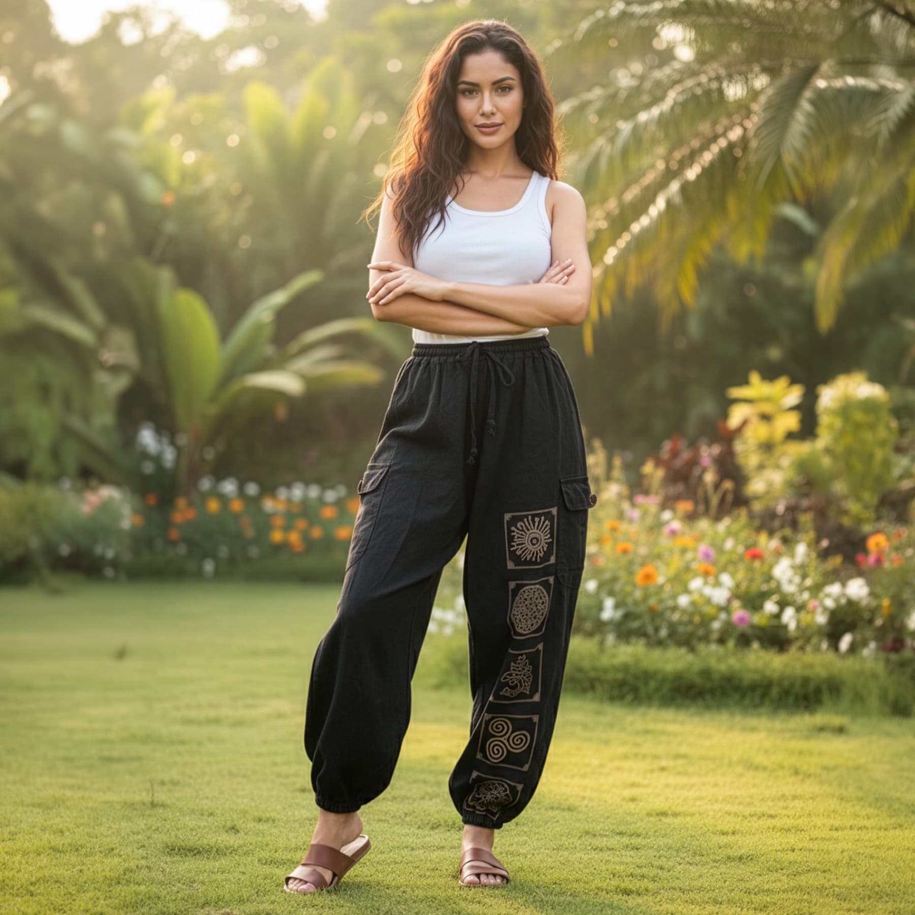 Female model wearing black boho tribal mandala harem pants in a park, front view.