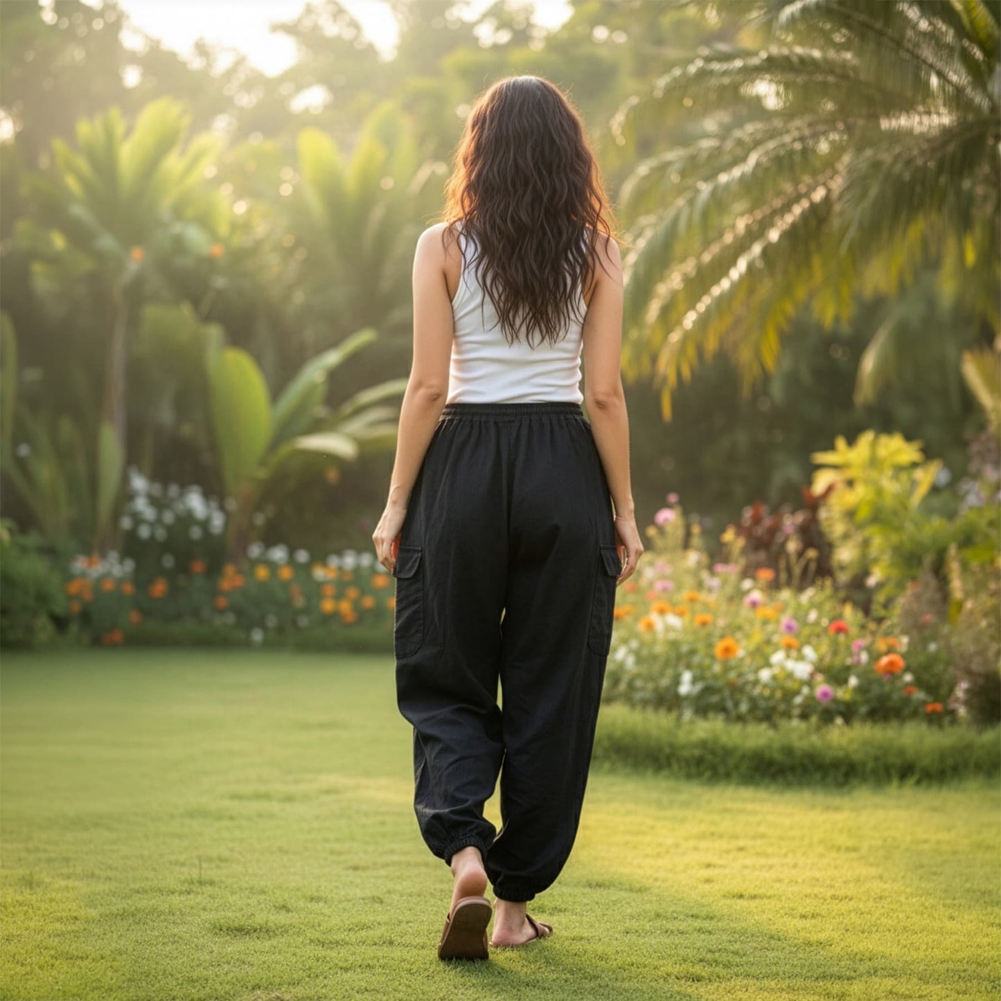 Back view of black boho stonewashed mandala harem pants showing the elastic waist and ethnic look.