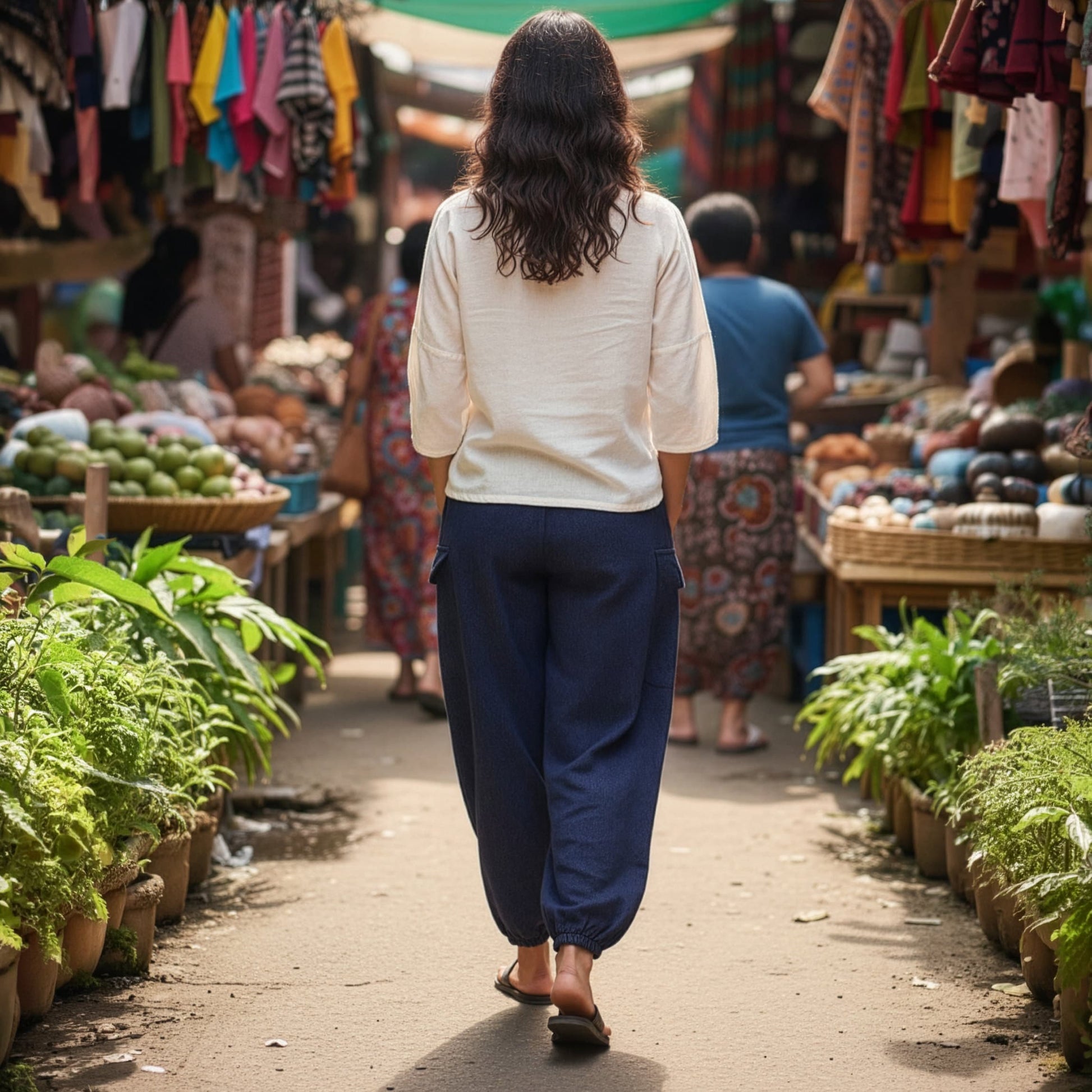 Back view of blue boho stonewashed mandala harem pants showing the elastic waist and comfortable fit.