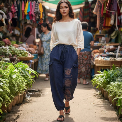 Woman posing in blue boho stonewashed mandala pants at a Thai market showing the four-pocket design.