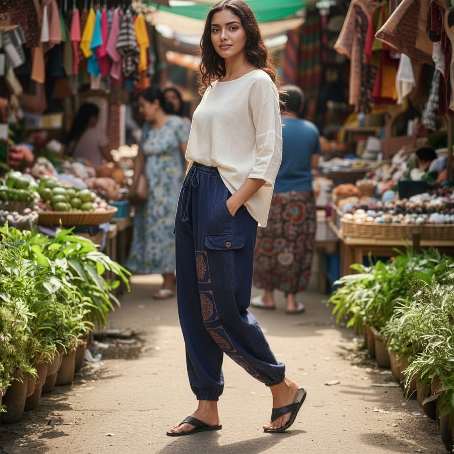 Side view of blue boho tribal mandala harem pants at a Thai market highlighting the side cargo pocket.