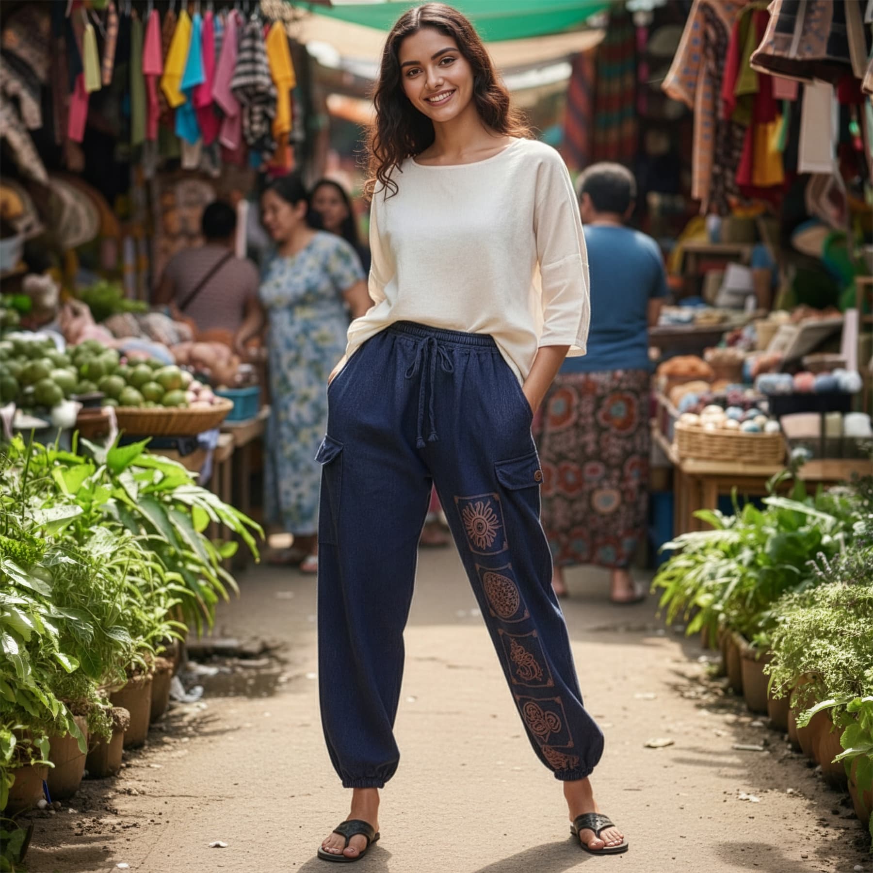 Female model wearing blue boho tribal mandala harem pants at a vibrant Thai market, front view.