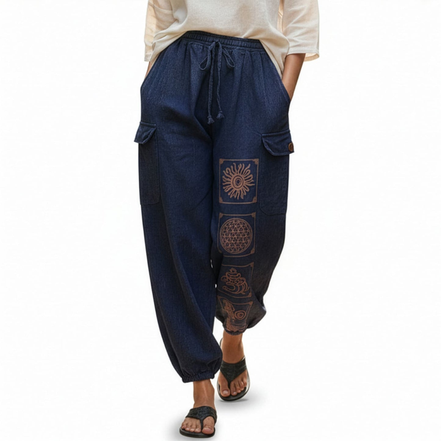 Close-up of blue stonewashed tribal mandala harem pants showing detailed ethnic prints and cargo pockets.