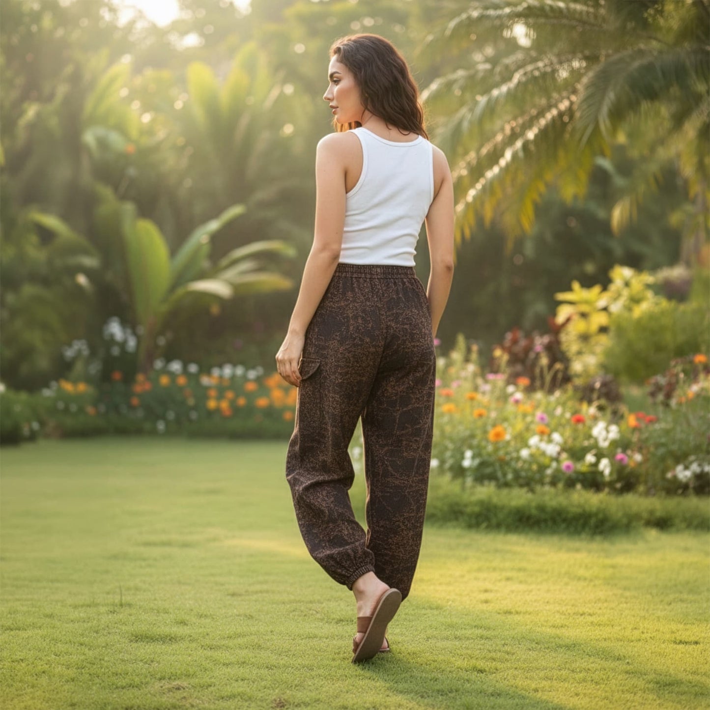 Back view of brown boho stonewashed mandala harem pants showing the comfortable fit and ankle cuffs.