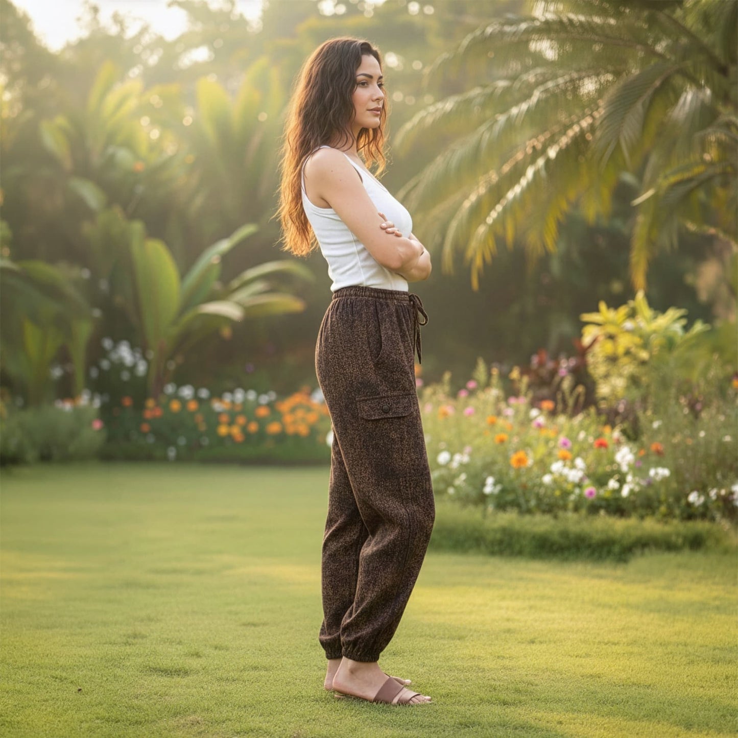 Side view of brown boho tribal mandala harem pants in a park highlighting the side profile.