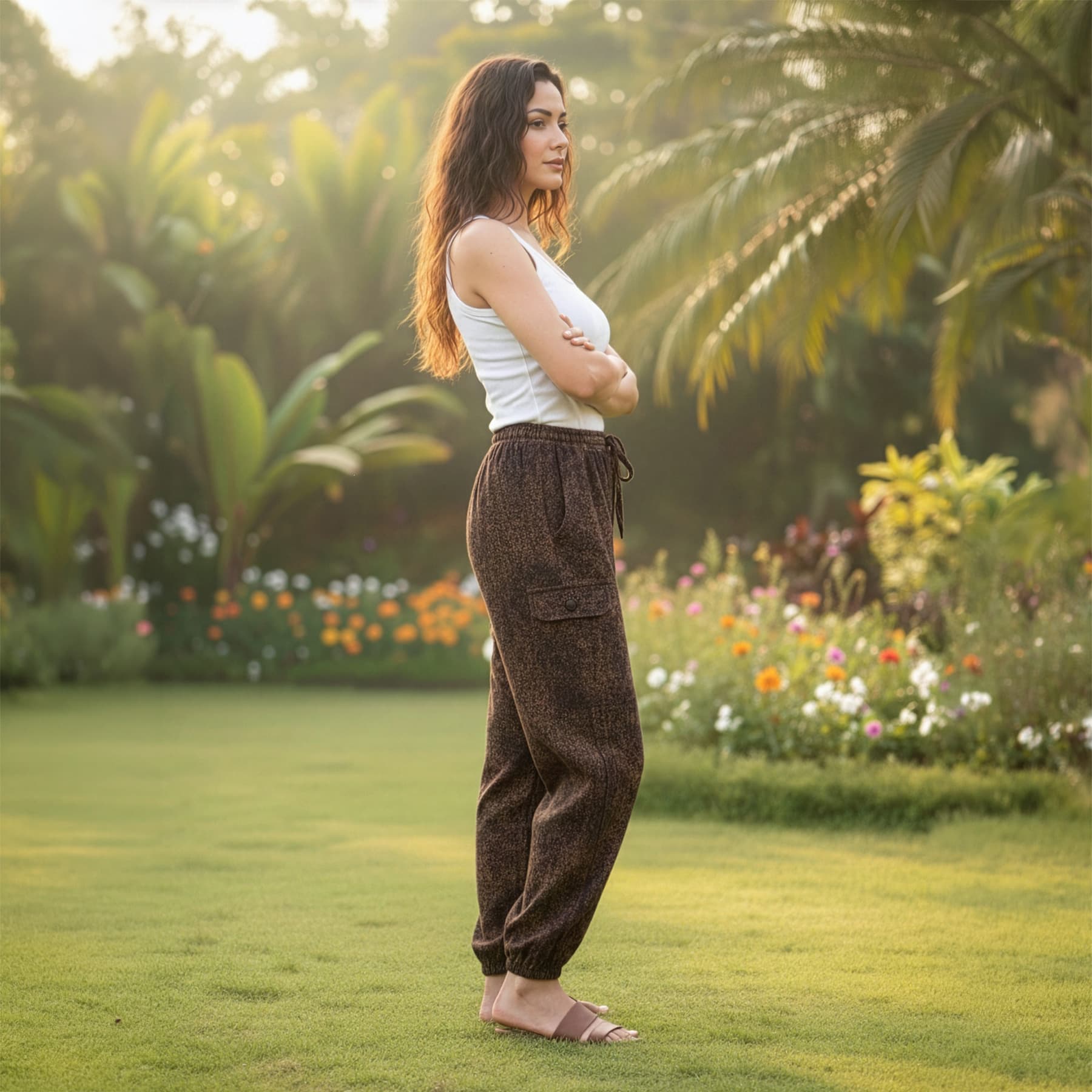 Side view of brown boho tribal mandala harem pants in a park highlighting the side profile.