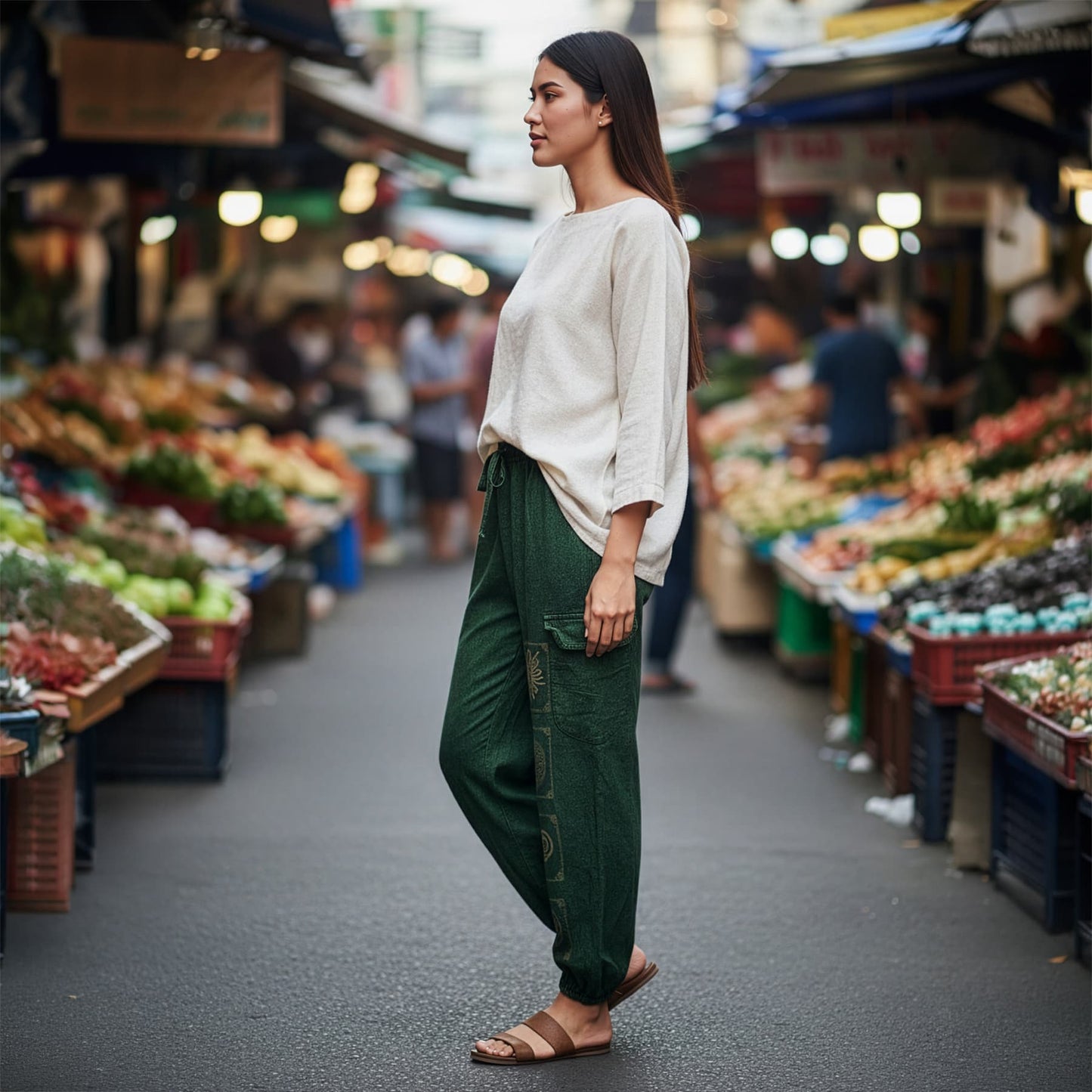Side view of green boho tribal mandala harem pants at a Thai market highlighting the relaxed silhouette.