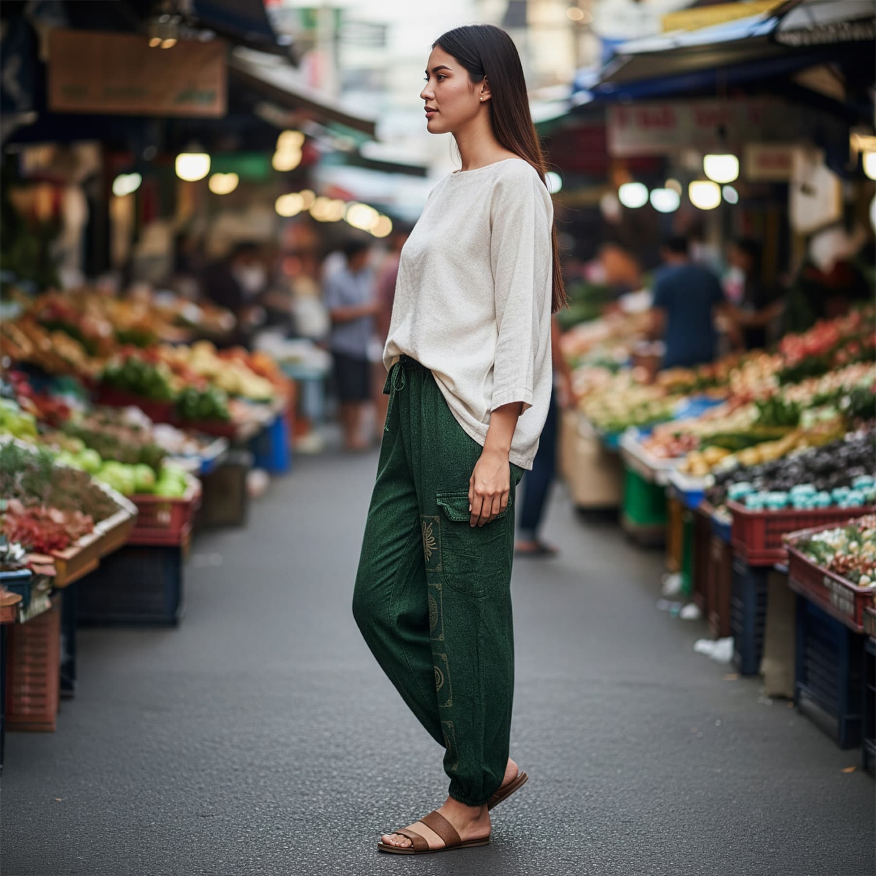 Side view of green boho tribal mandala harem pants at a Thai market highlighting the relaxed silhouette.