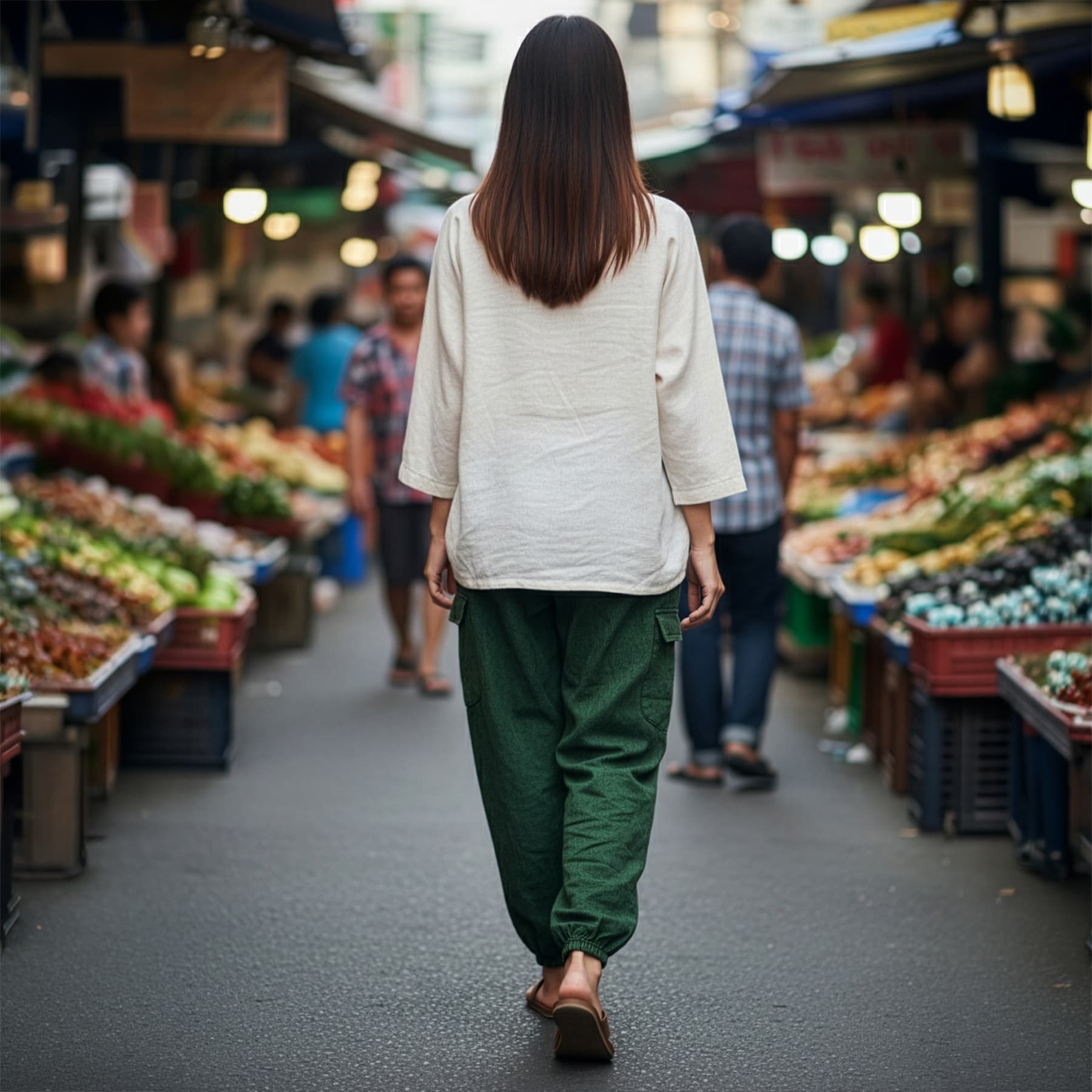 Back view of green boho stonewashed mandala harem pants showing the elastic ankle cuffs.