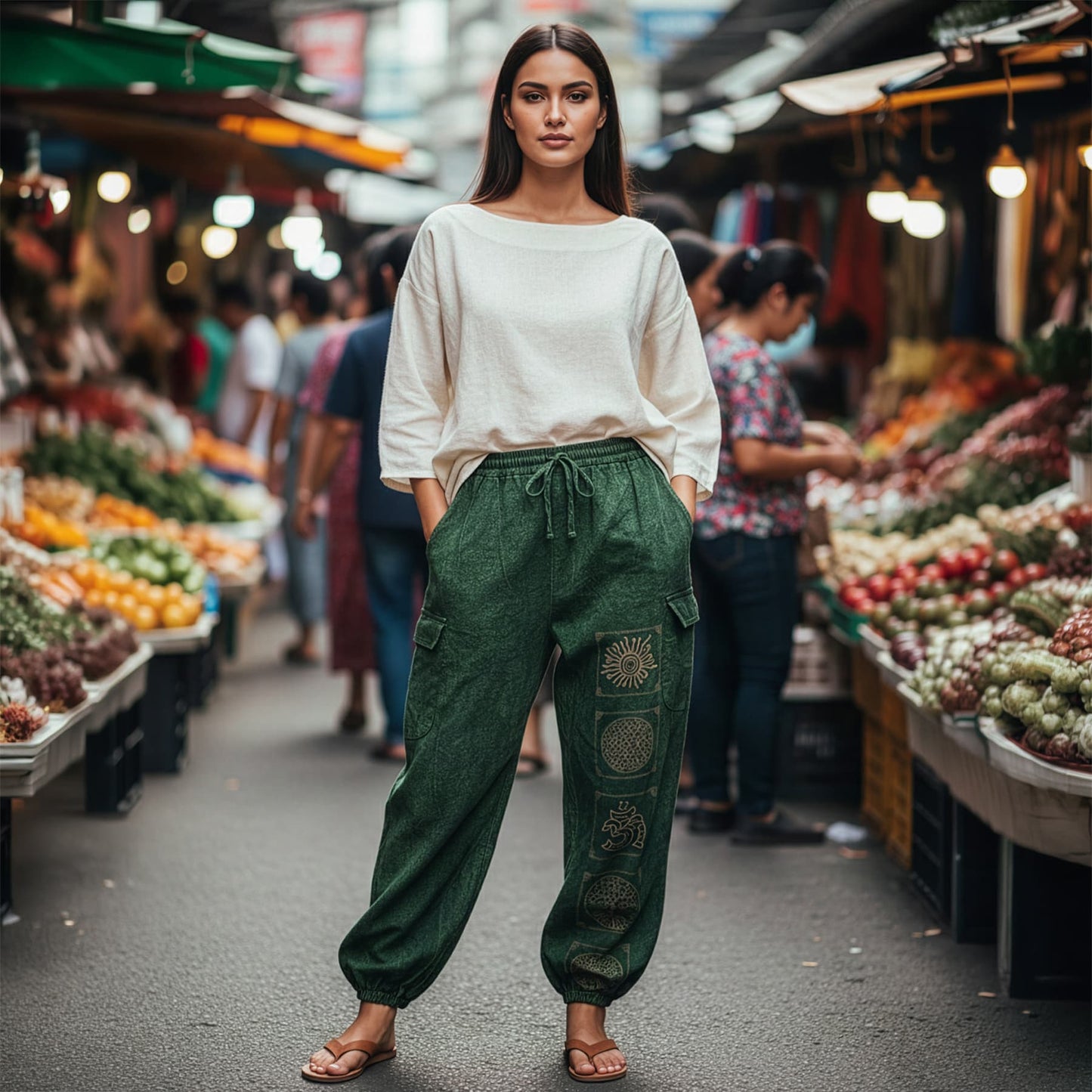 Woman posing in green boho stonewashed mandala pants at a Thai market showing the functional pockets.