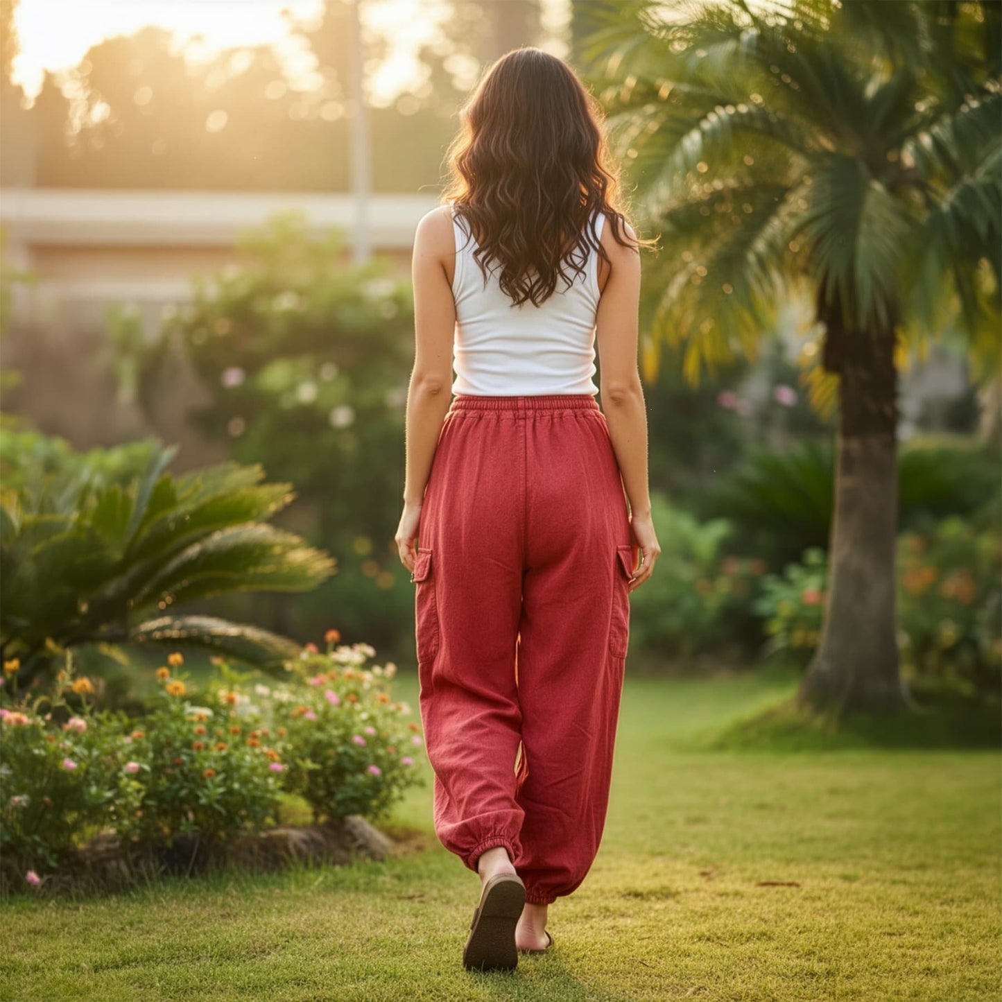 Back view of red boho stonewashed mandala harem pants showing the flexible elastic waistband.