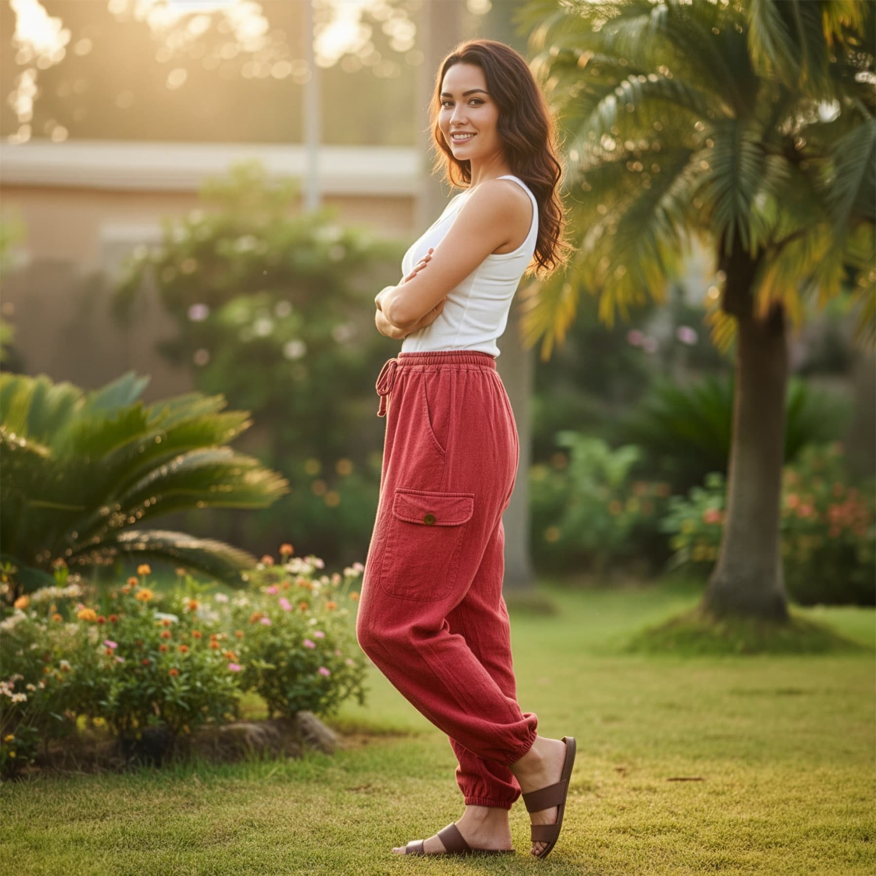 Side view of red boho tribal mandala harem pants in a park highlighting the stitched cargo pocket.