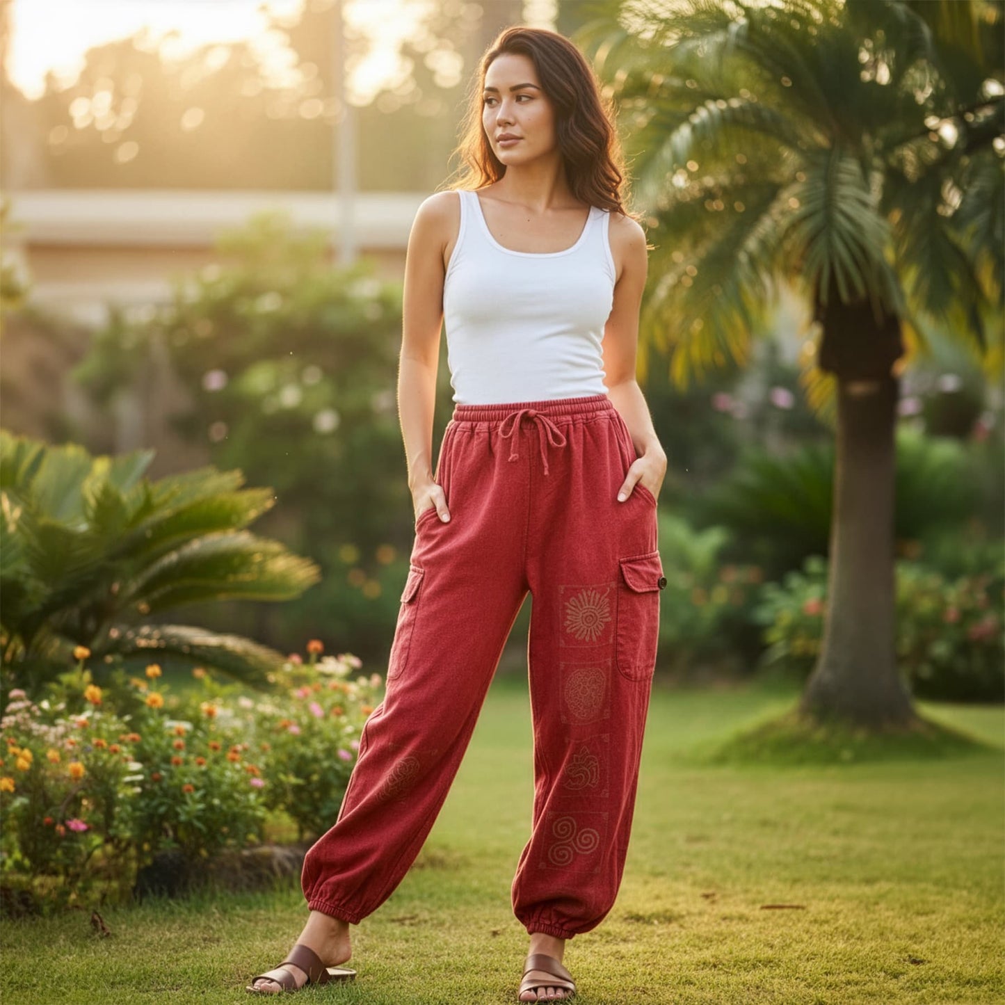 Woman posing in red boho stonewashed mandala pants in a park showing the four-pocket storage.