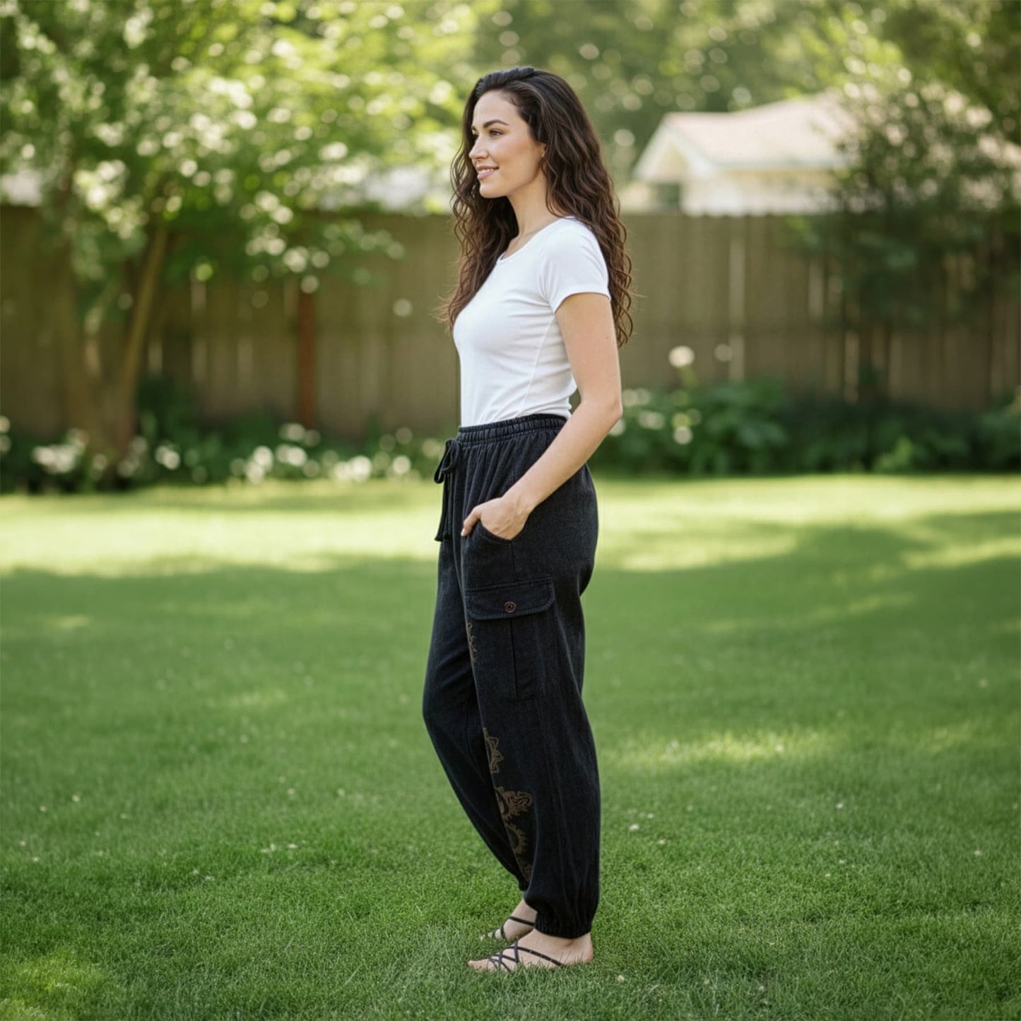 Side view of black boho stonewashed harem pants showing the cargo pocket detail.