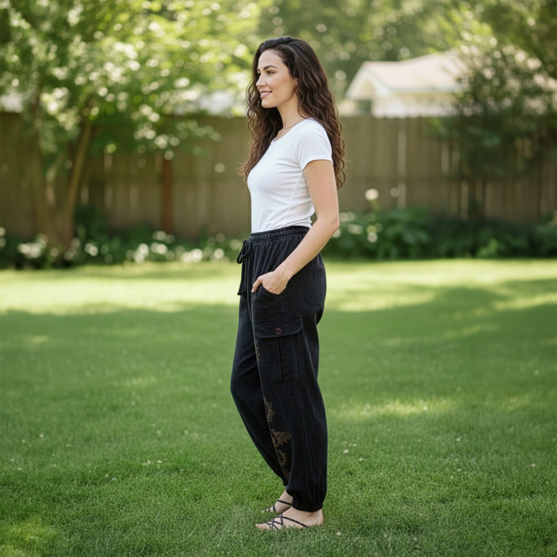 Side view of black boho stonewashed harem pants showing the cargo pocket detail.