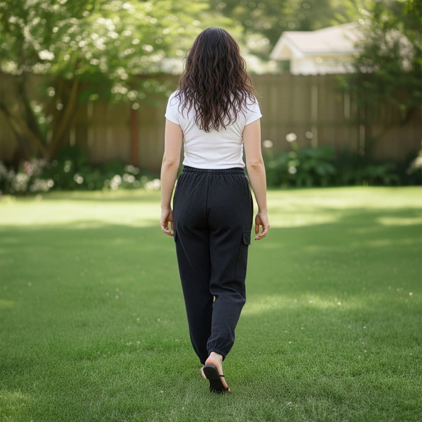 Back view of black boho tribal om harem pants highlighting the elastic waist and ankle cuffs.