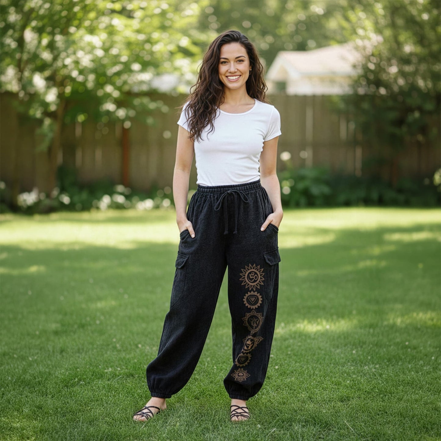 Full front shot of black boho tribal harem pants with four pockets for mindful everyday wear.