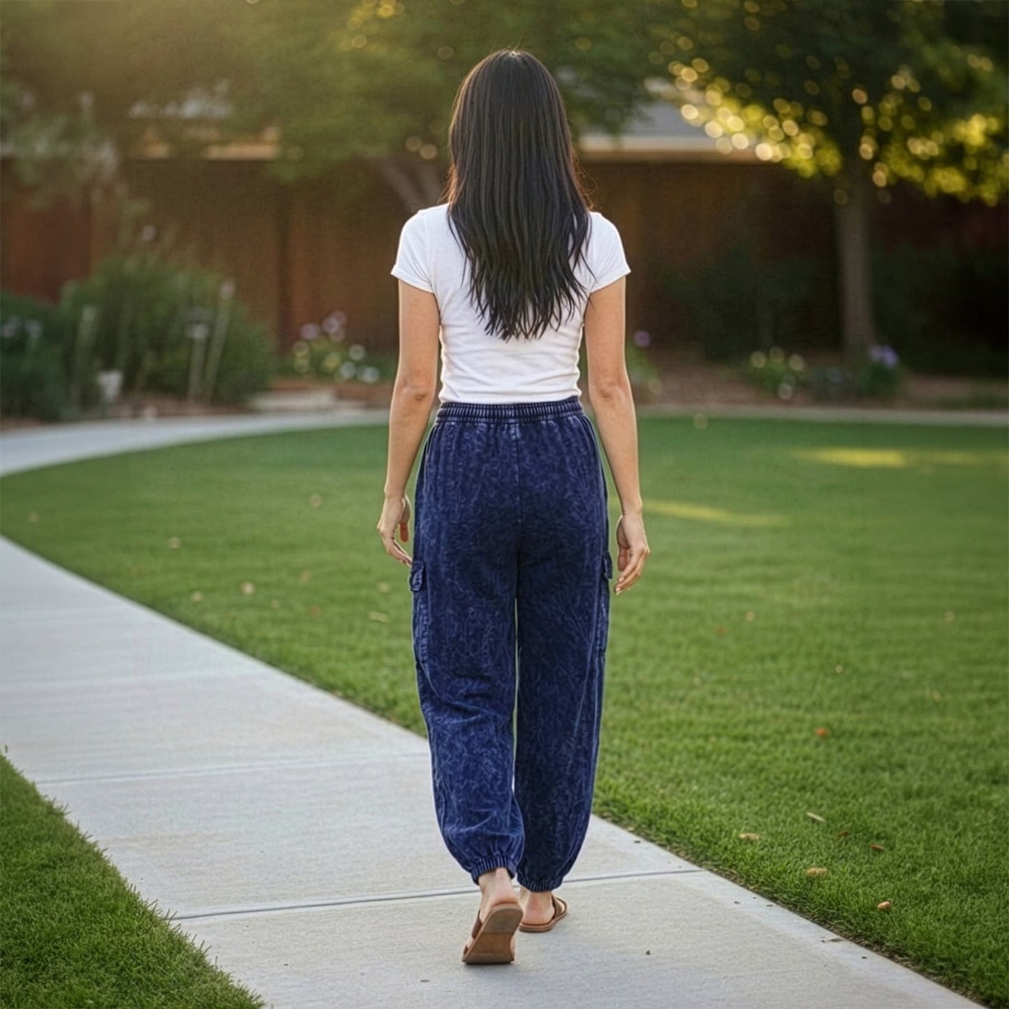 Back view of blue boho tribal om harem pants showing the elastic waist and comfortable fit.