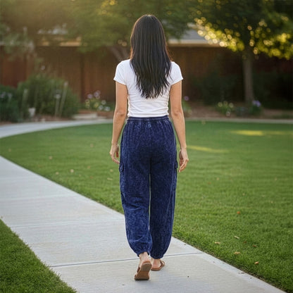 Back view of blue boho tribal om harem pants showing the elastic waist and comfortable fit.