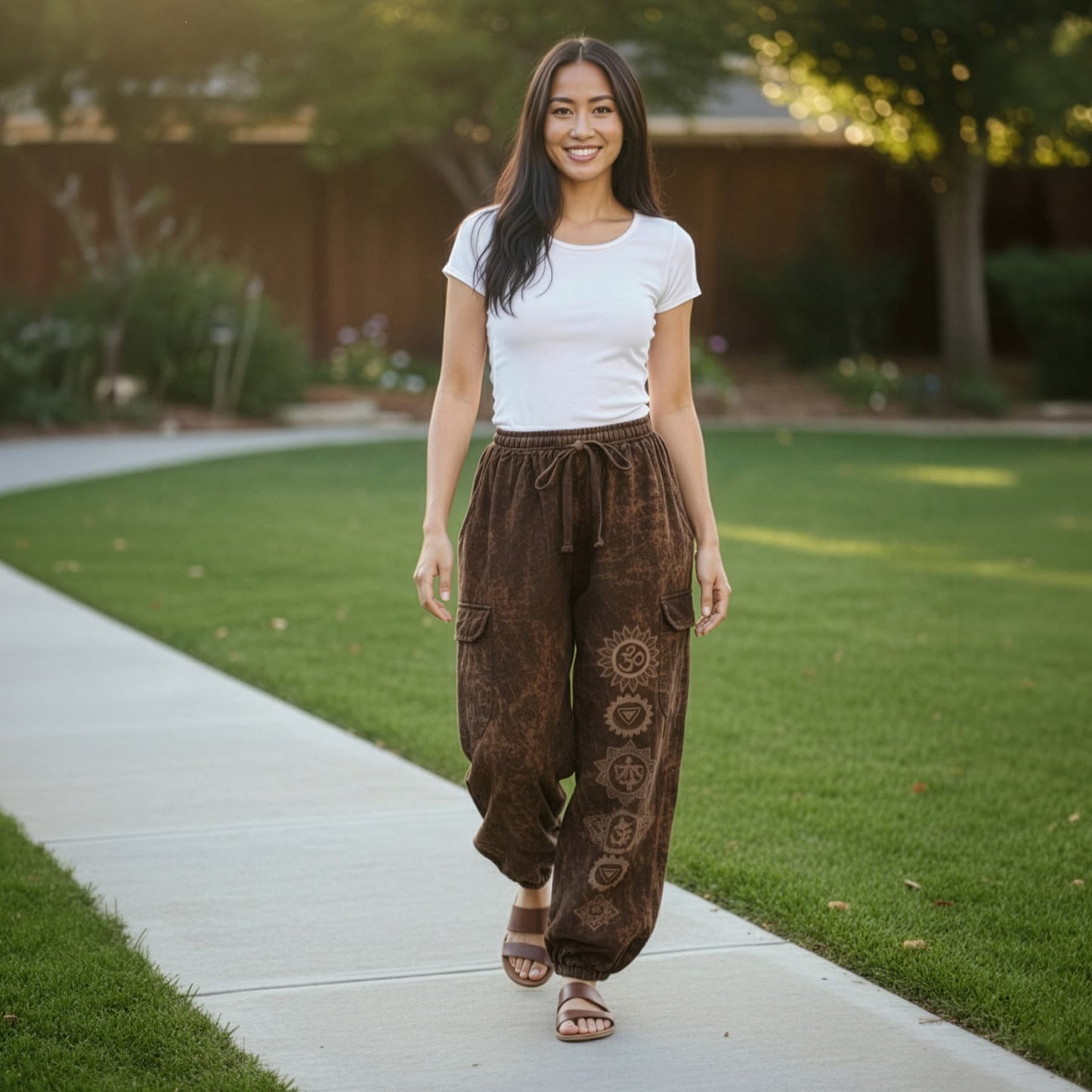 Full front shot of brown boho tribal harem pants with four pockets for extra storage.