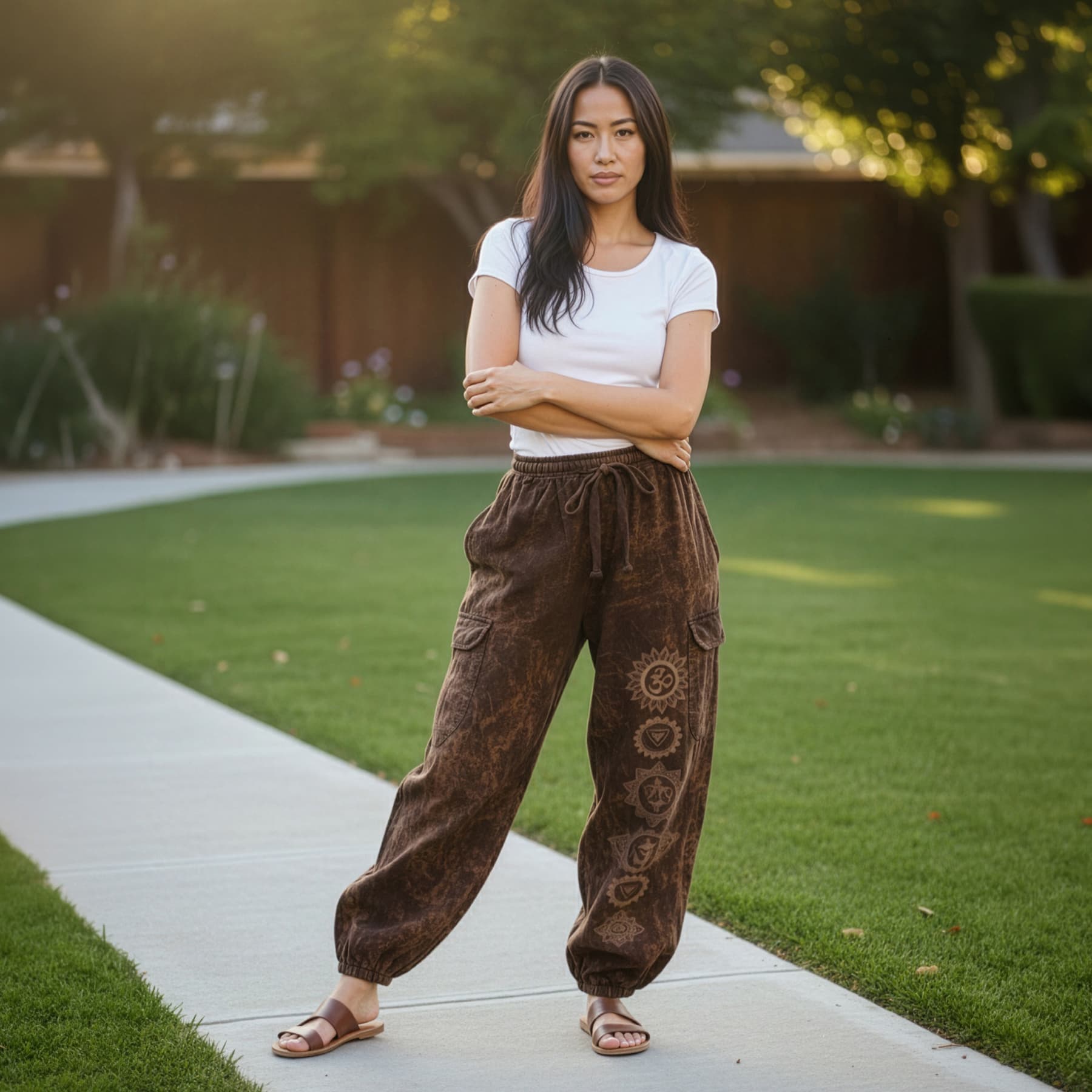 Woman posing in brown boho stonewashed om pants in a sunny park, front view.