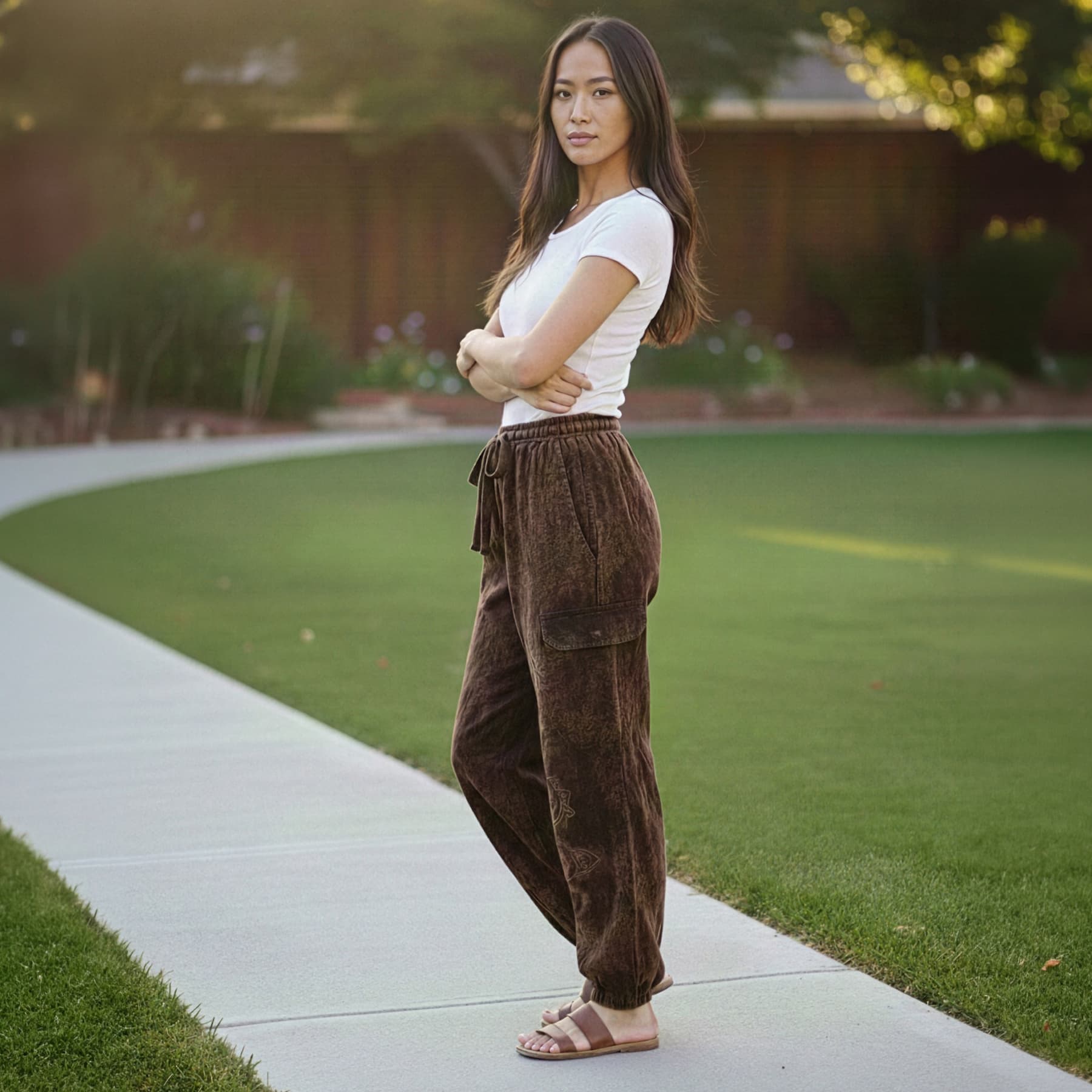 Side view of brown boho stonewashed harem pants showing the bohemian travel style.