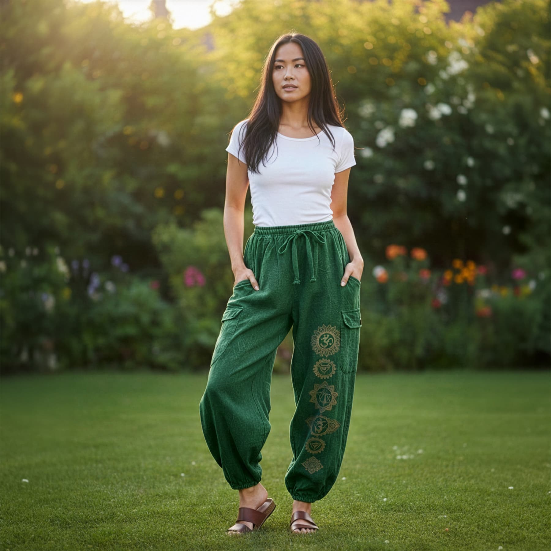 Full front shot of green boho tribal harem pants featuring extra cargo pocket space.