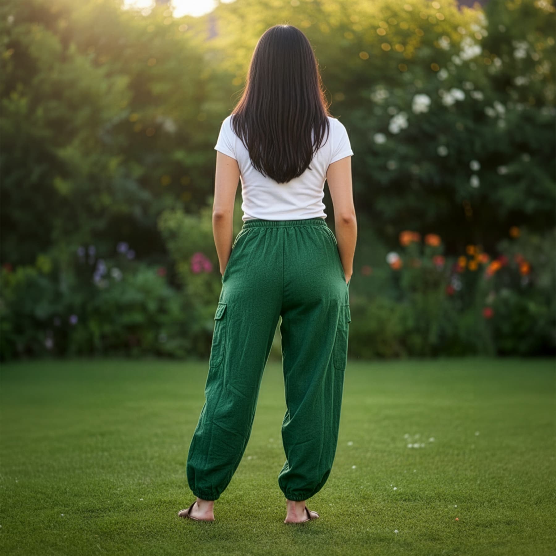 Back view of green boho tribal om harem pants highlighting the elastic ankle cuffs.