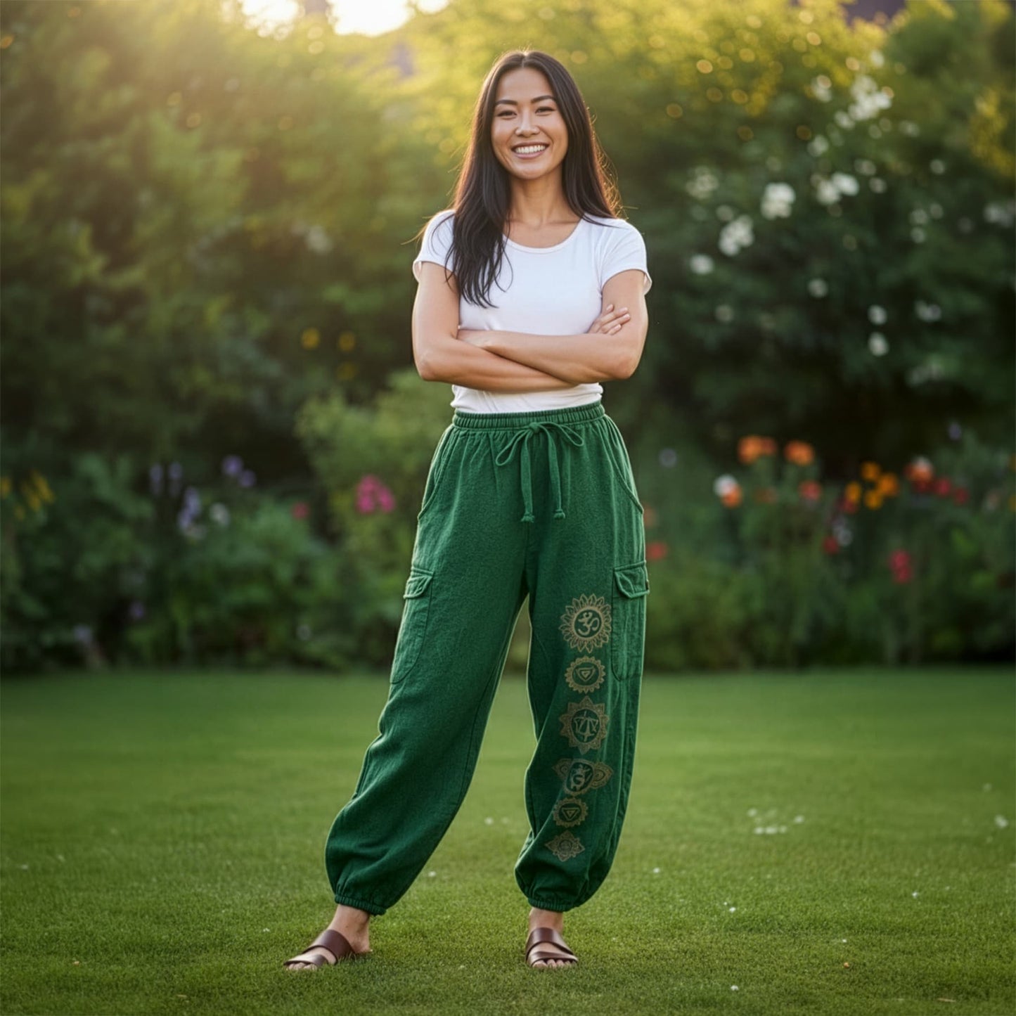 Woman posing in green boho stonewashed om pants in a sunny park, front view with side pockets.