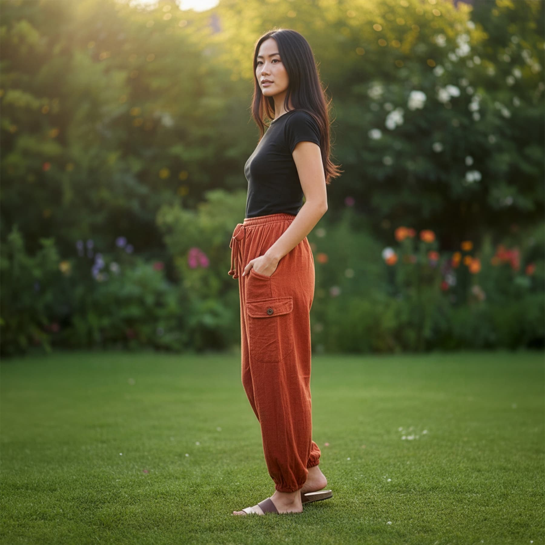 Side view of orange boho stonewashed harem pants highlighting the functional cargo pockets.