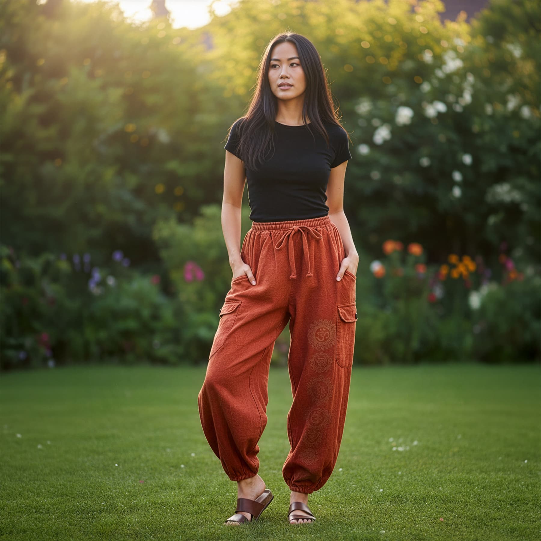 Female model wearing orange boho tribal om harem pants in a park, front view.