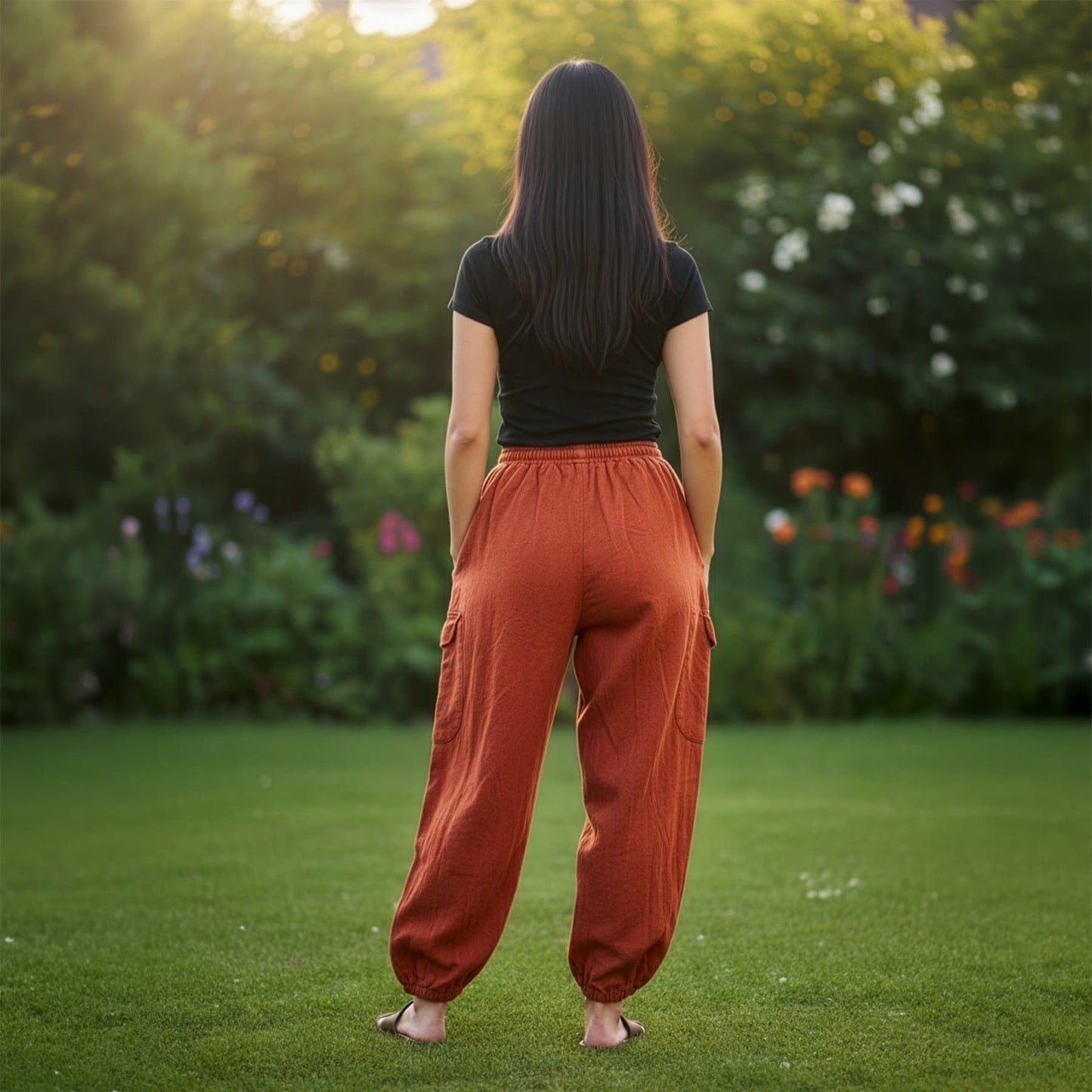 Back view of orange boho tribal om harem pants showing the flexible fit and ankle cuffs.