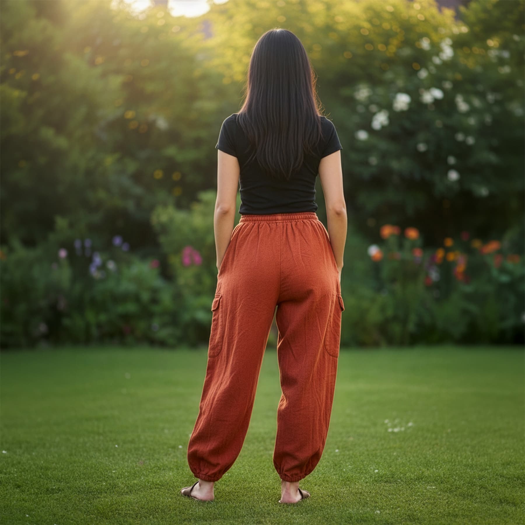 Back view of orange boho tribal om harem pants showing the flexible fit and ankle cuffs.