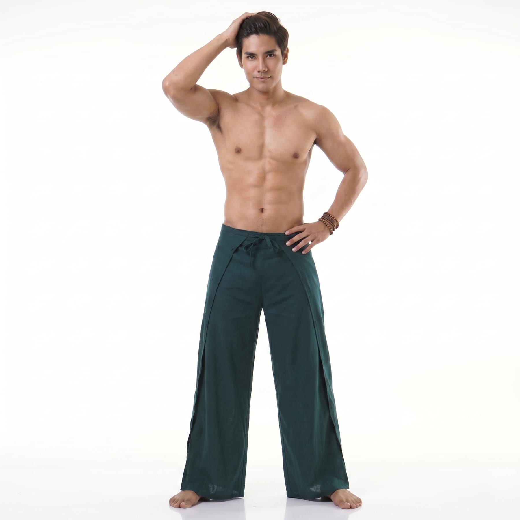 Front view of the turquoise Thai Fisherman pants for men, offering a customizable one-size fit.