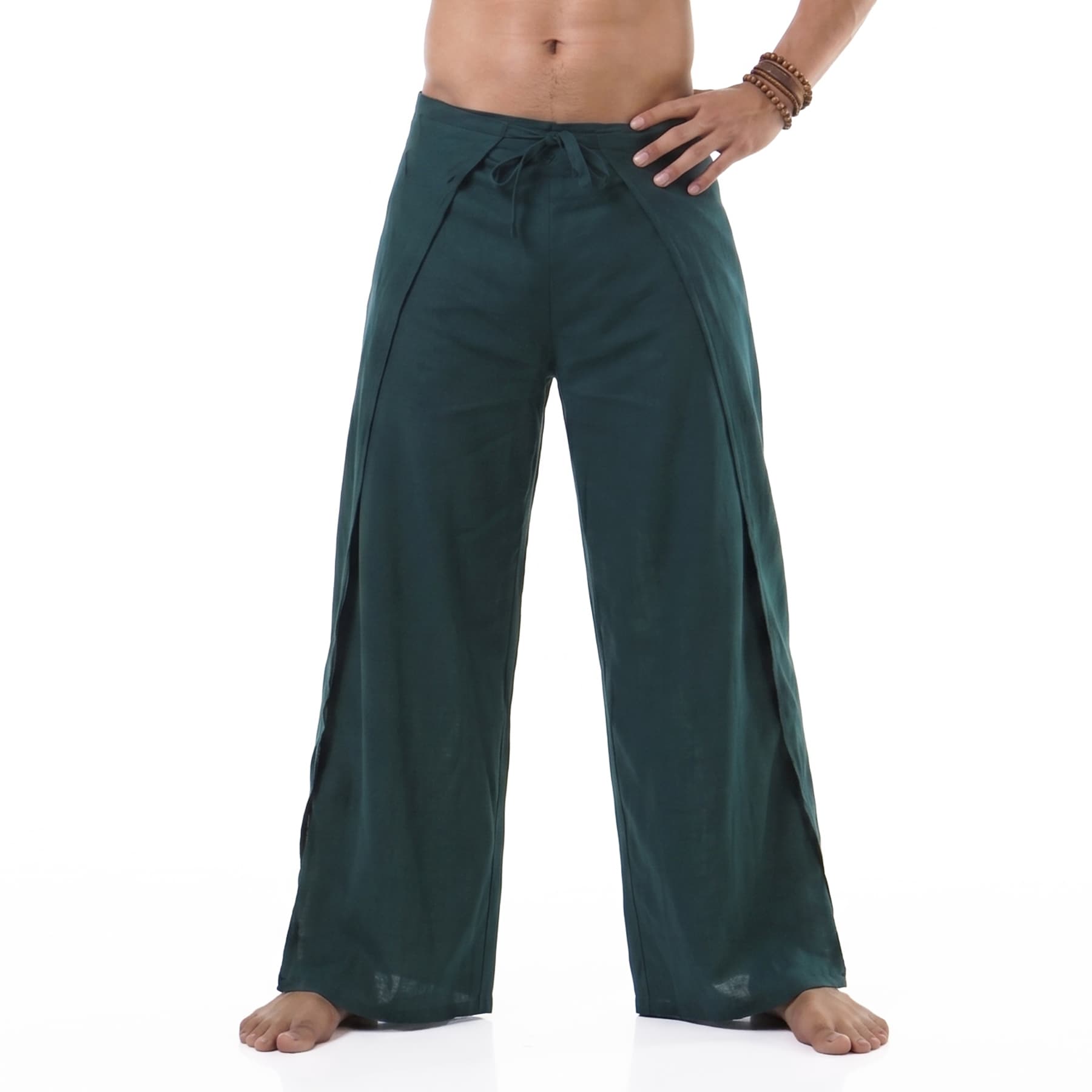 Detailed macro shot of the turquoise Men's Thai wrap pants, made from breathable vegan bamboo rayon.