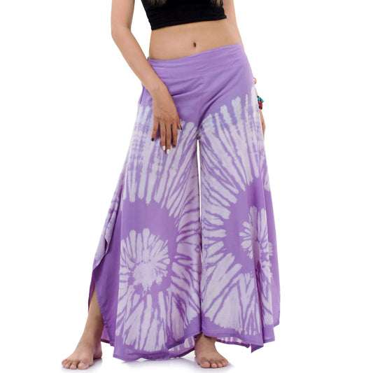 Detailed macro shot of the Vibrant Violet Hippie Tie Dye Palazzo Pants, capturing the rich purple tie-dye swirls and soft fabric finish.